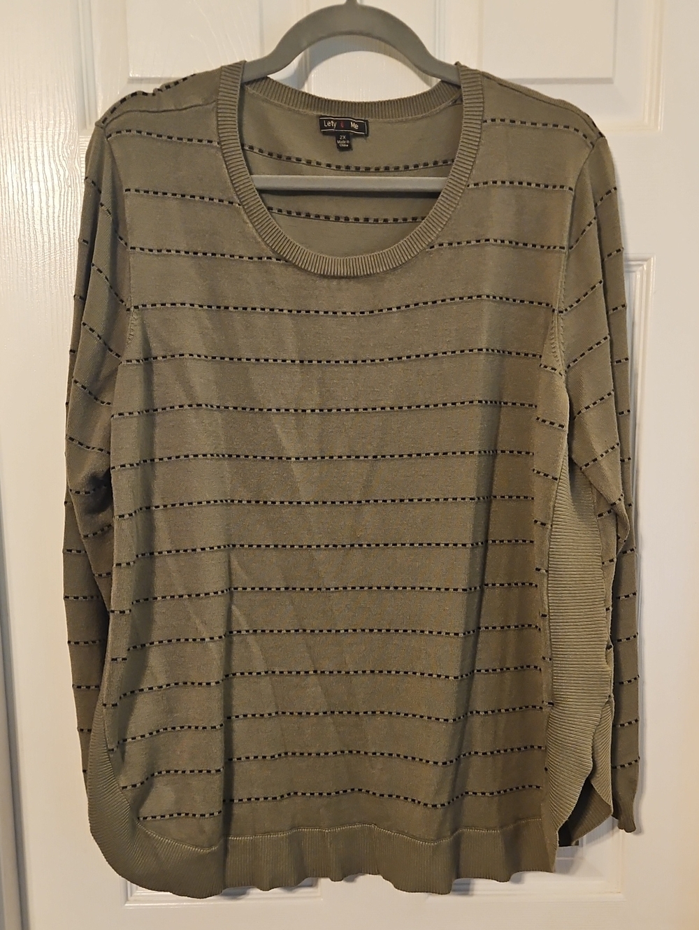 2X Olive Green Striped Scoop Neck Sweater Soft Loose Open Sides